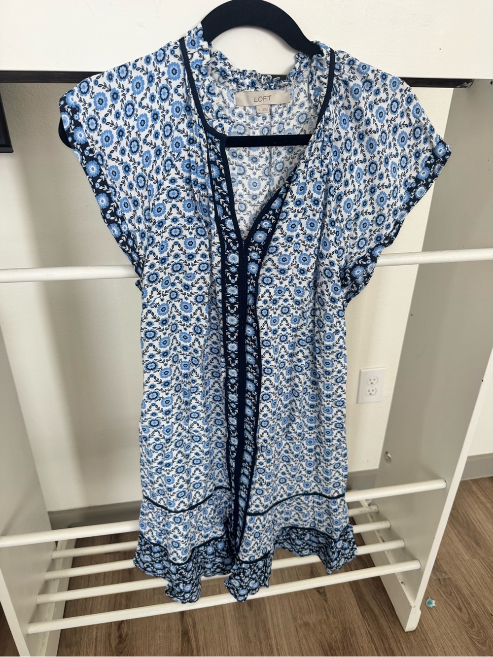 LOFT White and Blue Floral Ruffle-Trim Mini Dress